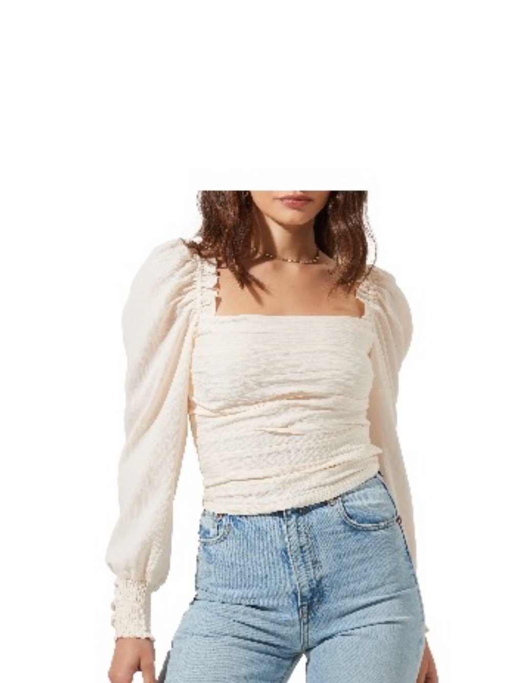Astr Cream Smocked Square-Neck Puff Sleeve Blouse